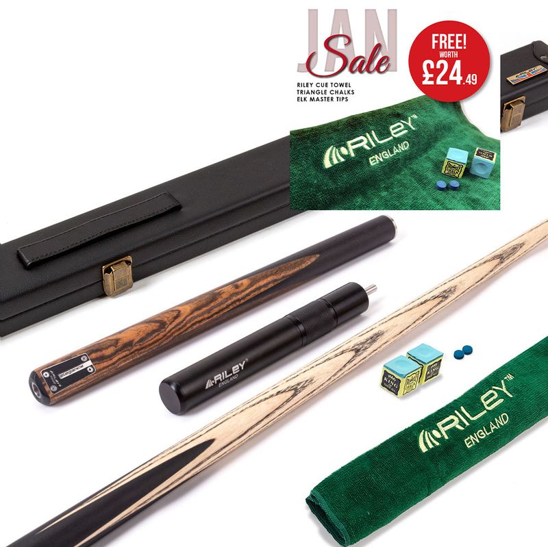 Riley Elegance - 3 Piece Snooker Cue and Hard Case - 3/4 Cut Cue - Ebony Butt- 9.5mm Pro Tip - 145cm - Black/ Natural Golden Sandal 360˚ Splicing