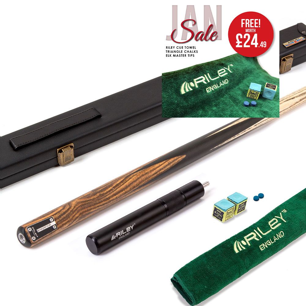 Riley Elegance - 2 Piece Snooker Cue and Hard Case - 1 Piece Cue - Ebony Butt- 9.5mm Pro Tip - 145cm - Black/ Natural Golden Sandal 360˚ Splicing