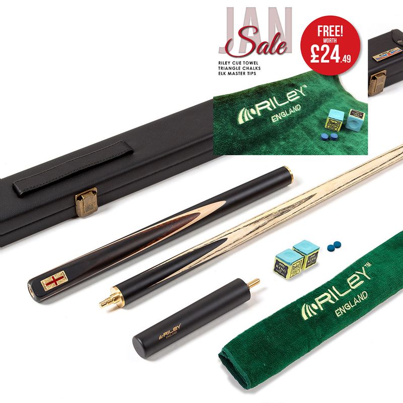 Riley England 3 Piece English Pool Cue 3/4 Cut - 9mm Tip - 145cm - Black/ Snake Wood/ Ash - with Deluxe Hard Case