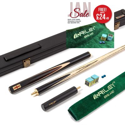 Riley England 3 Piece English Pool Cue 3/4 Cut - 9mm Tip - 145cm - Black/ Snake Wood/ Ash - with Deluxe Hard Case