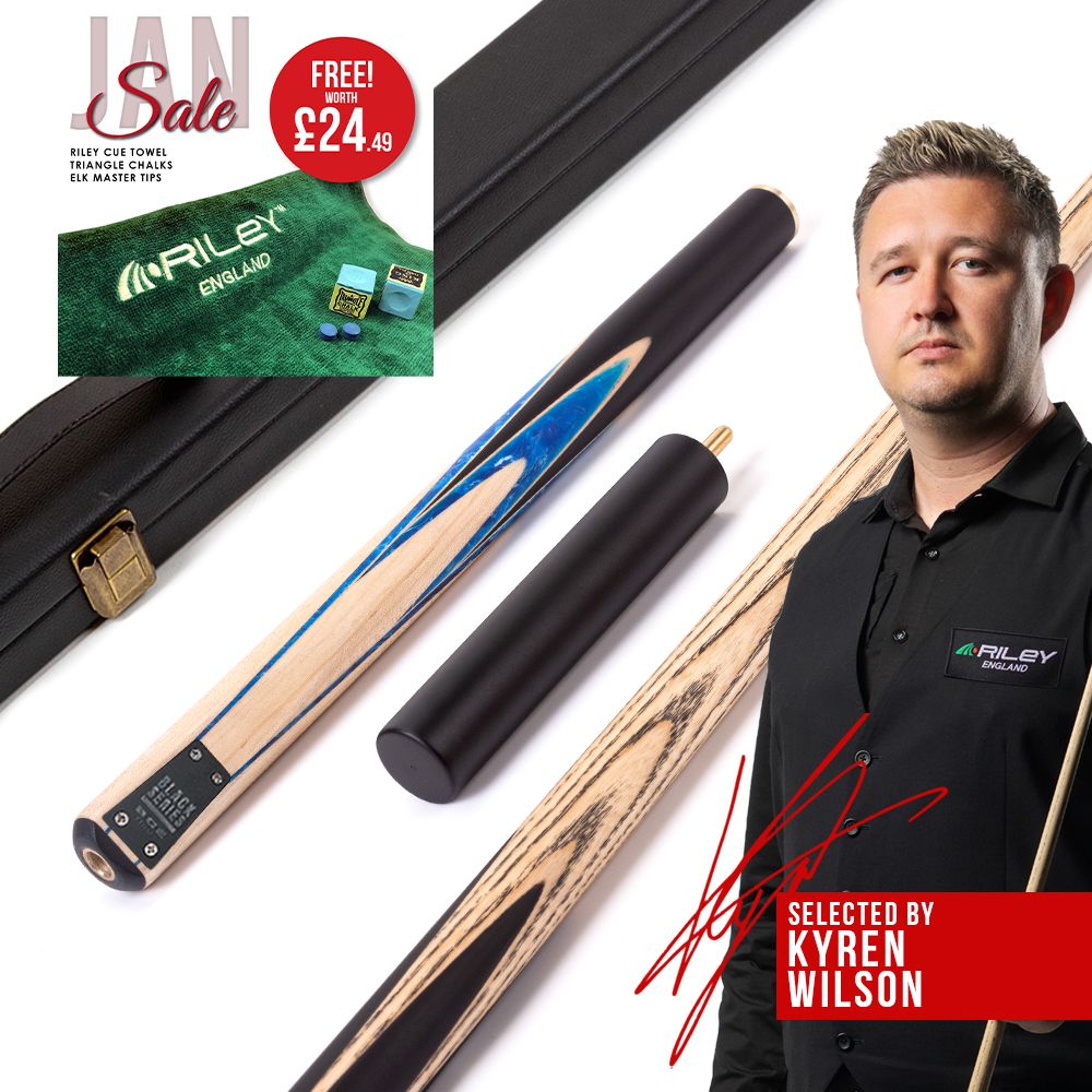 BCE Black Series - 3 Piece Snooker Cue and Hard Case - 3/4 Cut Cue - Layered Ebonised Black Wood Butt - 9.5mm Tip - 145cm - Black/ Blue and White Marbleised Resin / Natural Wood