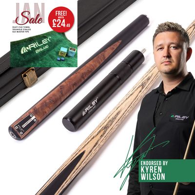 Riley Elegance - 3 Piece Snooker Cue and Hard Case 3/4 Cut- Ebony Butt- 9.5mm Pro Tip - 145cm - Black/ Natural Golden Madrone Burl Front Splice