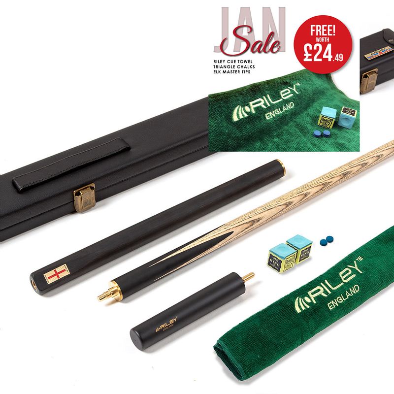 Riley England 3 Piece English Pool Cue 3/4 Cut - 9mm Tip - 145cm - Black/Ash - with Deluxe Hard Case
