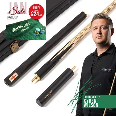 Riley England 3 Piece Snooker Cue and Hard Case 3/4 Cut- Layered Ebonised Black Wood Butt with 9.5mm Tip - 145cm - Black