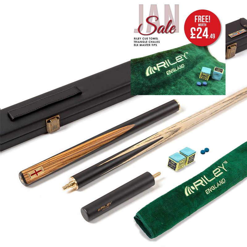 Riley England 3 Piece Snooker Cue and Hard Case 3/4 Cut- Layered Ebonised Black Wood Butt with 9.5mm Tip - 145cm - Black/ Dark Wood