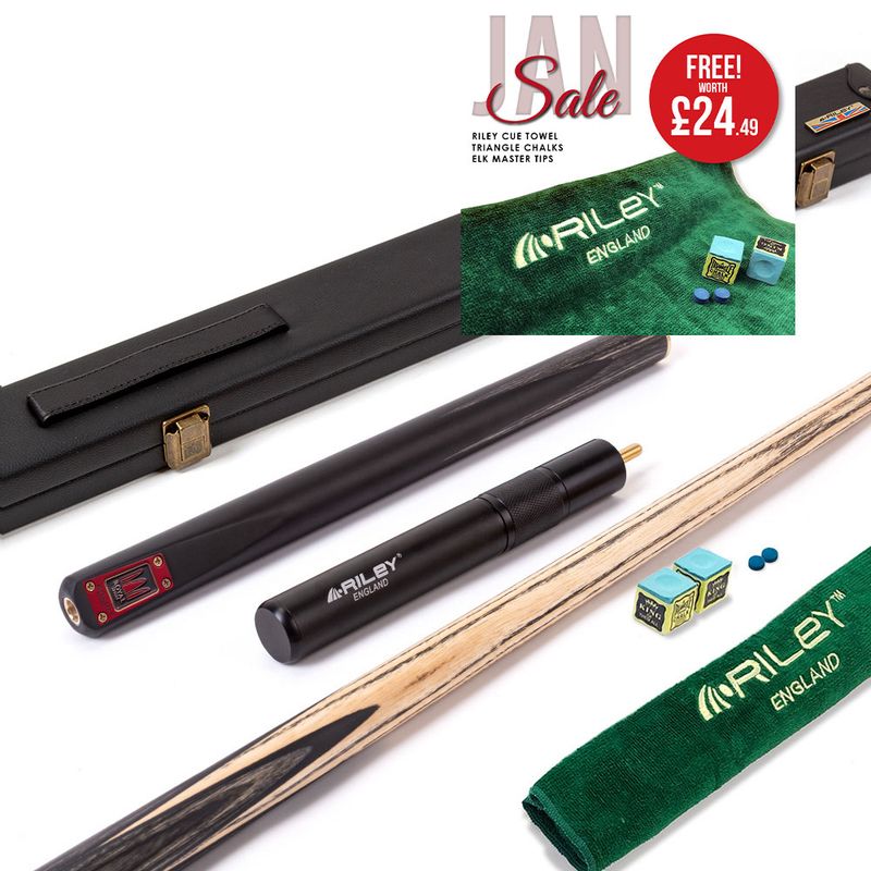 Riley Royal - 3 Piece Snooker Cue and Hard Case 3/4 Cut- Layered Ebonised Black Wood Butt - 9.5mm Tip - 145cm - Black/ Grey/ Natural