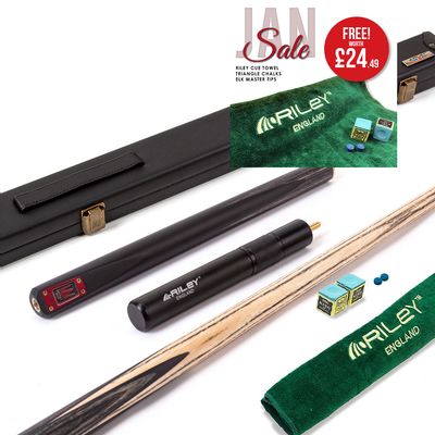 Riley Royal - 3 Piece Snooker Cue and Hard Case 3/4 Cut- Layered Ebonised Black Wood Butt - 9.5mm Tip - 145cm - Black/ Grey/ Natural
