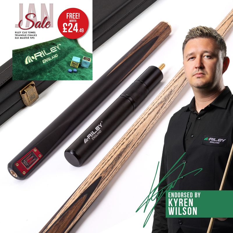 Riley Royal - 3 Piece Snooker Cue and Hard Case 3/4 Cut- Layered Ebonised Black Wood Butt - 9.5mm Tip - 145cm - Black/ Natural Teak Wood