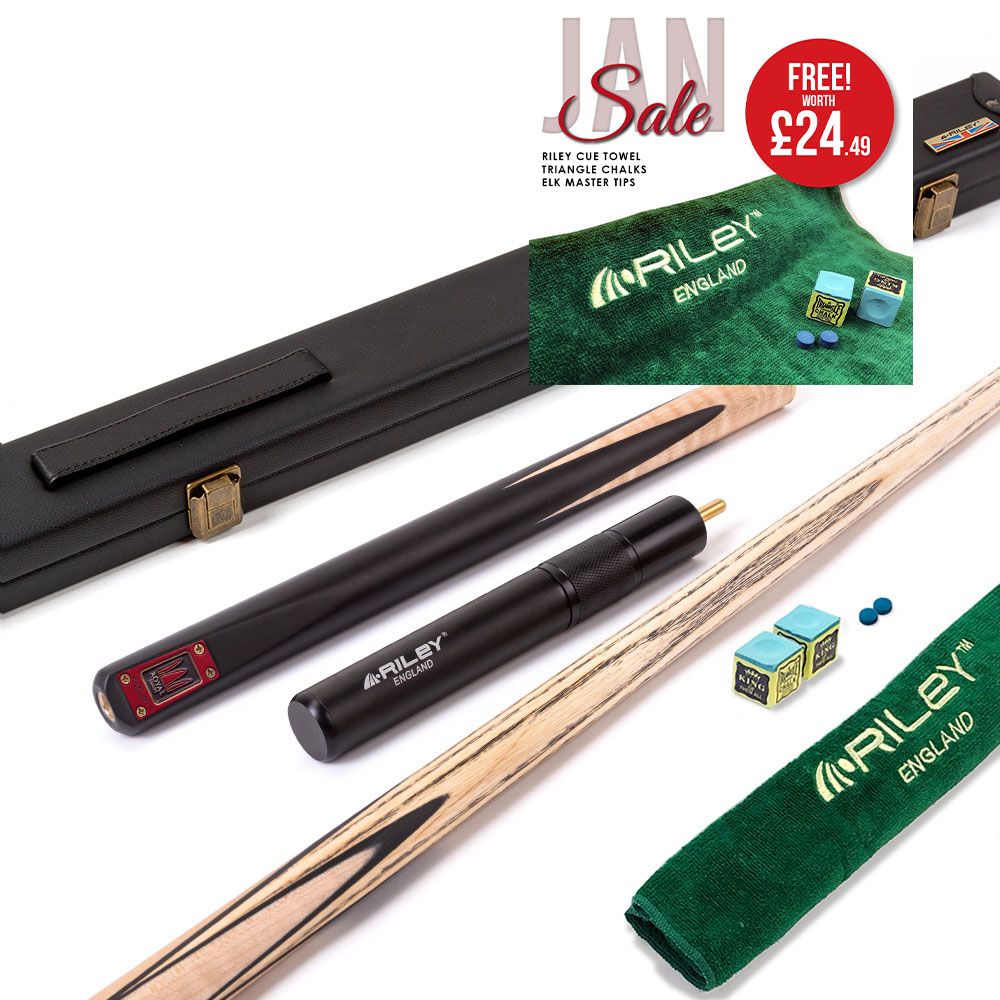 Riley Royal - 3 Piece Snooker Cue and Hard Case 3/4 Cut- Layered Ebonised Black Wood Butt - 9.5mm Tip - 145cm - Black/ Natural Birds Eye Maple Wood