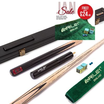 Riley Royal - 3 Piece Snooker Cue and Hard Case 3/4 Cut- Layered Ebonised Black Wood Butt - 9.5mm Tip - 145cm - Black/ Natural Birds Eye Maple Wood