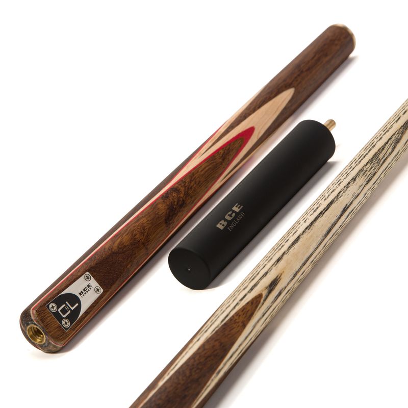 BCE C8L - 3 Piece English Pool Cue 3/4 Cut - Exotic Wood Butt with 9mm Tip - 145cm - Red/ Natural Wood - with Deluxe Hard Case