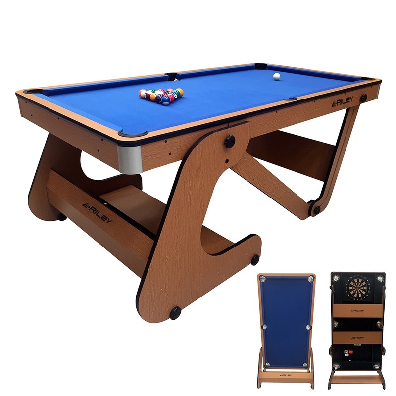 Riley 6ft Folding Pool Table with Dartboard - Beech Finish with Blue Cloth - Folds Vertically - Free Table Tennis Top