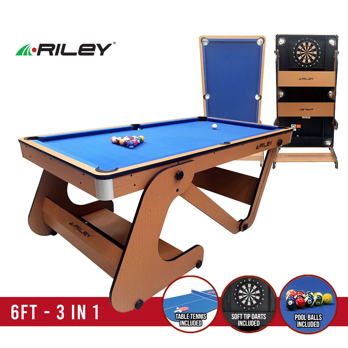 Riley 6ft Folding Pool Table with Dartboard - Beech Finish with Blue Cloth - Folds Vertically - Free Table Tennis Top