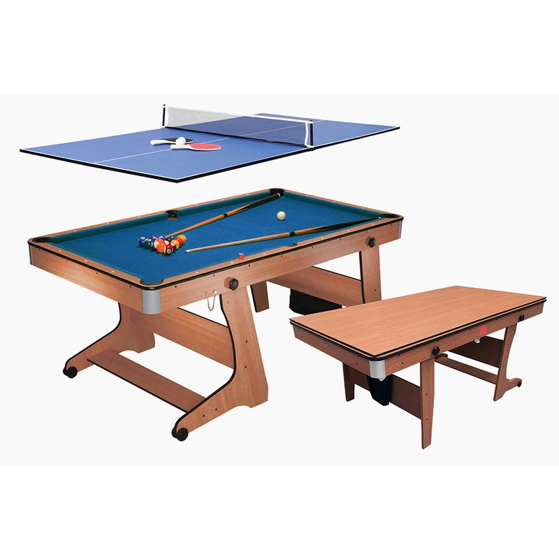 BCE 6ft Folding 3 in 1 Pool Table with Table Tennis Top and Dartboard - Blue Cloth/ Beech Finish - Folds Vertically