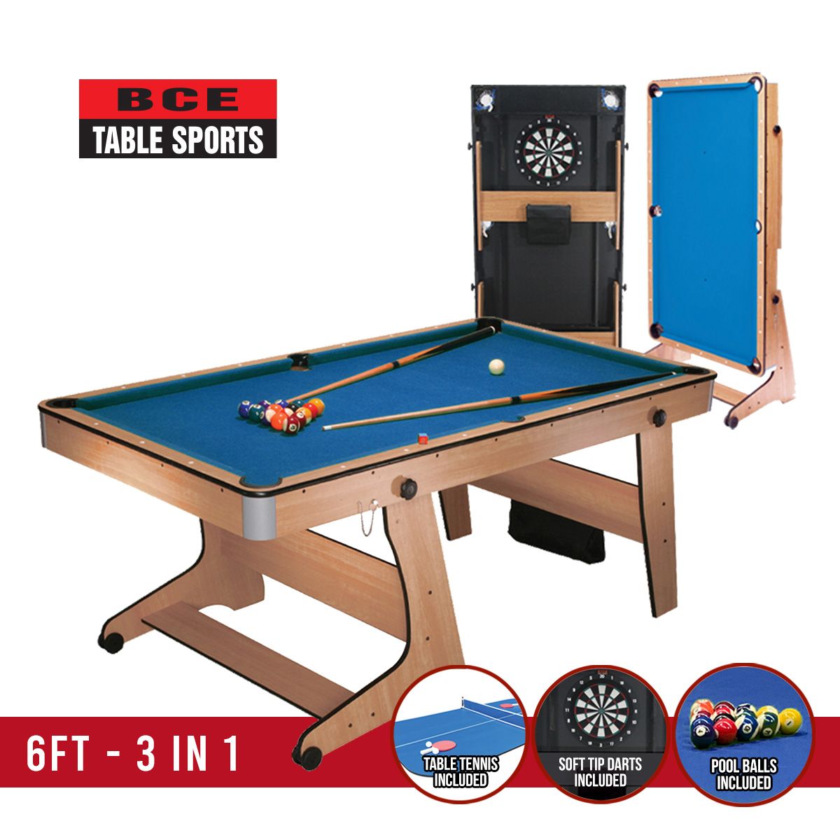 BCE 6ft Folding 3 in 1 Pool Table with Table Tennis Top and Dartboard - Blue Cloth/ Beech Finish - Folds Vertically