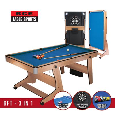 BCE 6ft Folding 3 in 1 Pool Table with Table Tennis Top and Dartboard - Blue Cloth/ Beech Finish - Folds Vertically