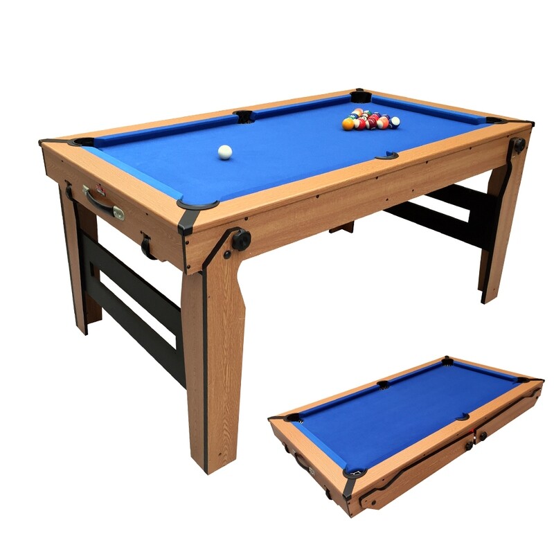 BCE 6ft Razor Folding Pool Table - Blue Cloth/ Oak Finish - Folds Flat
