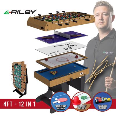 Riley 4ft 12 in 1 Multi Games Table - Natural Wood Finish/ Black Legs - Folds Vertically