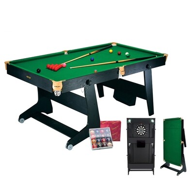Riley 6ft 3 in 1 Folding Snooker Table - Snooker, Pool and Dartboard - Black/Wood Effect with Green Cloth - Folds Vertically