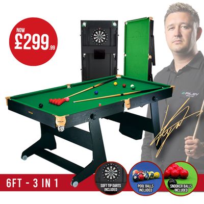 Riley 6ft 3 in 1 Folding Snooker Table - Snooker, Pool and Dartboard - Black/Wood Effect with Green Cloth - Folds Vertically