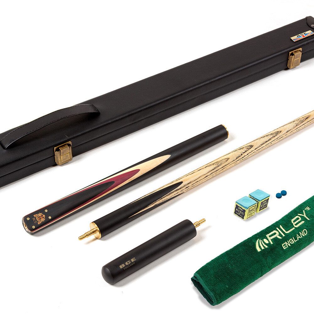 BCE 3 Piece Heritage Snooker Cue and Hard Case 3/4 Cut- Sapele Mahogany Butt - 9.5mm Tip - 145cm - Black/Natural/Purple