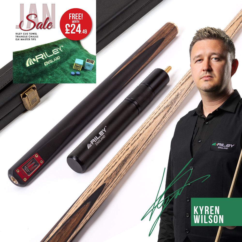 Riley Royal - 3 Piece Snooker Cue and Hard Case 3/4 Cut- Layered Ebonised Black Wood Butt - 9.5mm Tip - 145cm - Black/ Natural Teak Wood