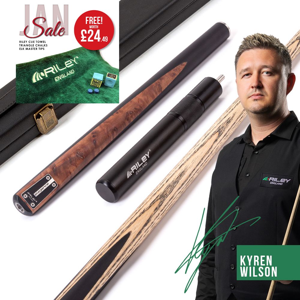 Riley Elegance - 3 Piece Snooker Cue and Hard Case 3/4 Cut- Ebony Butt- 9.5mm Pro Tip - 145cm - Black/ Natural Golden Madrone Burl Front Splice