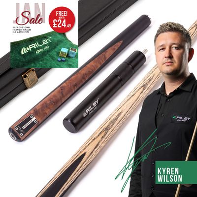 Riley Elegance - 3 Piece Snooker Cue and Hard Case 3/4 Cut- Ebony Butt- 9.5mm Pro Tip - 145cm - Black/ Natural Golden Madrone Burl Front Splice