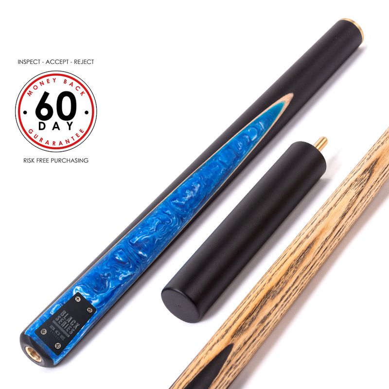 BCE Black Series - 3 Piece Snooker Cue and Hard Case - 3/4 Cut Cue - Layered Ebonised Black Wood Butt - 9.5mm Tip - 145cm - Black/ Blue and White Marbleised Resin