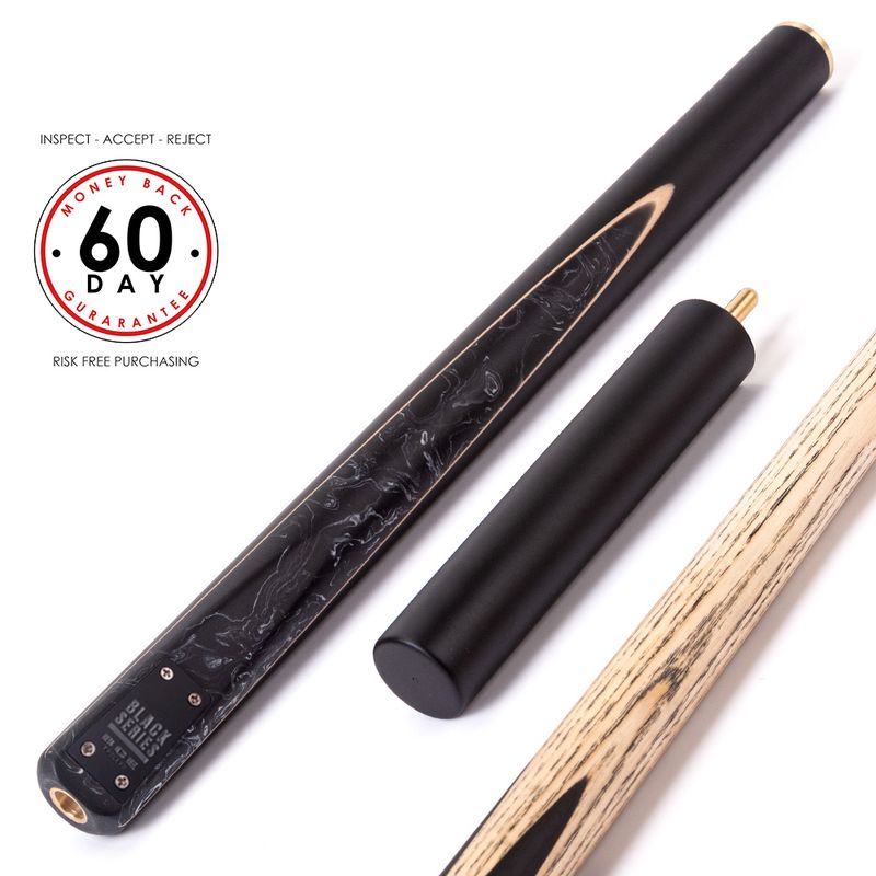 BCE Black Series - 3 Piece Snooker Cue and Hard Case - 3/4 Cut Cue - Layered Ebonised Black Wood Butt - 9.5mm Tip - 145cm - Black/ Black and White Marbleised Resin