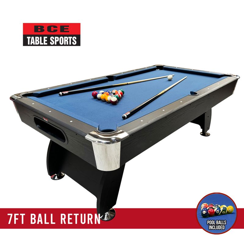 BCE 7ft Black Cat American Pool Table - Black/Wood Effect with Blue Cloth - Fixed Leg - Ball Return System