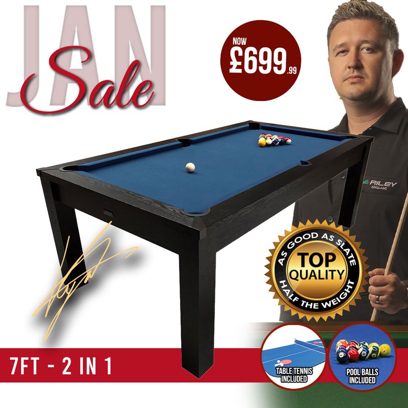Riley 7ft Semi Pro American Pool Table - Black Ash with Blue Cloth - Metal Frame - Free Table Tennis/Dining Top