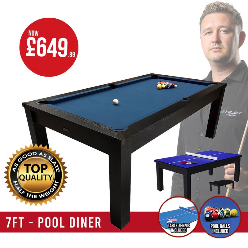 Riley 7ft 3-in-1 Semi Pro American Pool Table - Black Ash with Blue Cloth - Metal Frame - Dining Table - Table Tennis Table