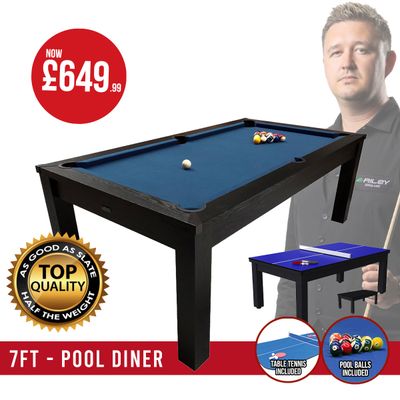 Riley 7ft 3-in-1 Semi Pro American Pool Table - Black Ash with Blue Cloth - Metal Frame - Dining Table - Table Tennis Table
