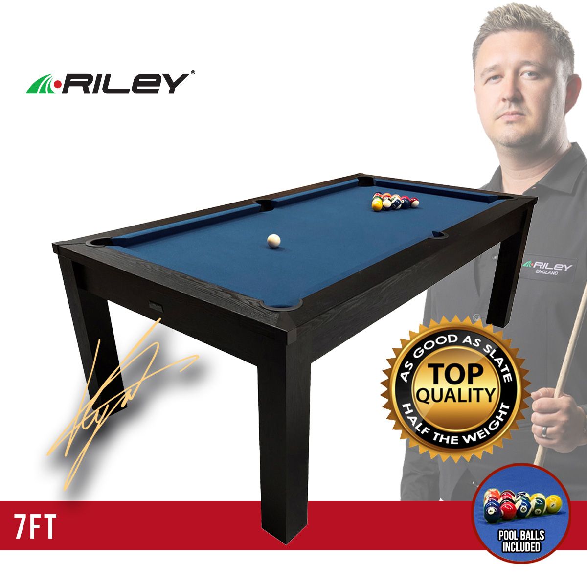 Riley 7ft 3-in-1 Semi Pro American Pool Table - Black Ash with Blue Cloth - Metal Frame - Dining Table - Table Tennis Table