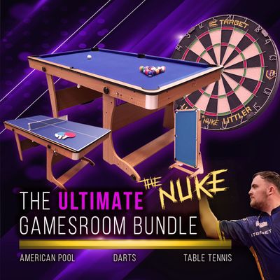 BCE 6ft Folding 3 in 1 Pool Table with Table Tennis Top and Dartboard - Blue Cloth/ Beech Finish - Folds Vertically