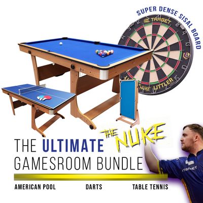 BCE 6ft Folding 3 in 1 Pool Table with Table Tennis Top and Dartboard - Blue Cloth/ Beech Finish - Folds Vertically
