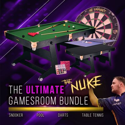 Riley 6ft 4 in 1 Folding Snooker Table - Snooker, Pool, Dartboard and Table Tennis Top - Black/Wood Effect with Green Cloth - Folds Vertically