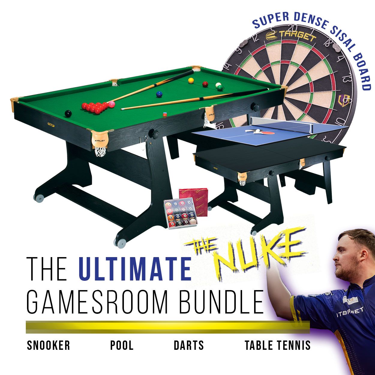 Riley 6ft 4 in 1 Folding Snooker Table - Snooker, Pool, Dartboard and Table Tennis Top - Black/Wood Effect with Green Cloth - Folds Vertically