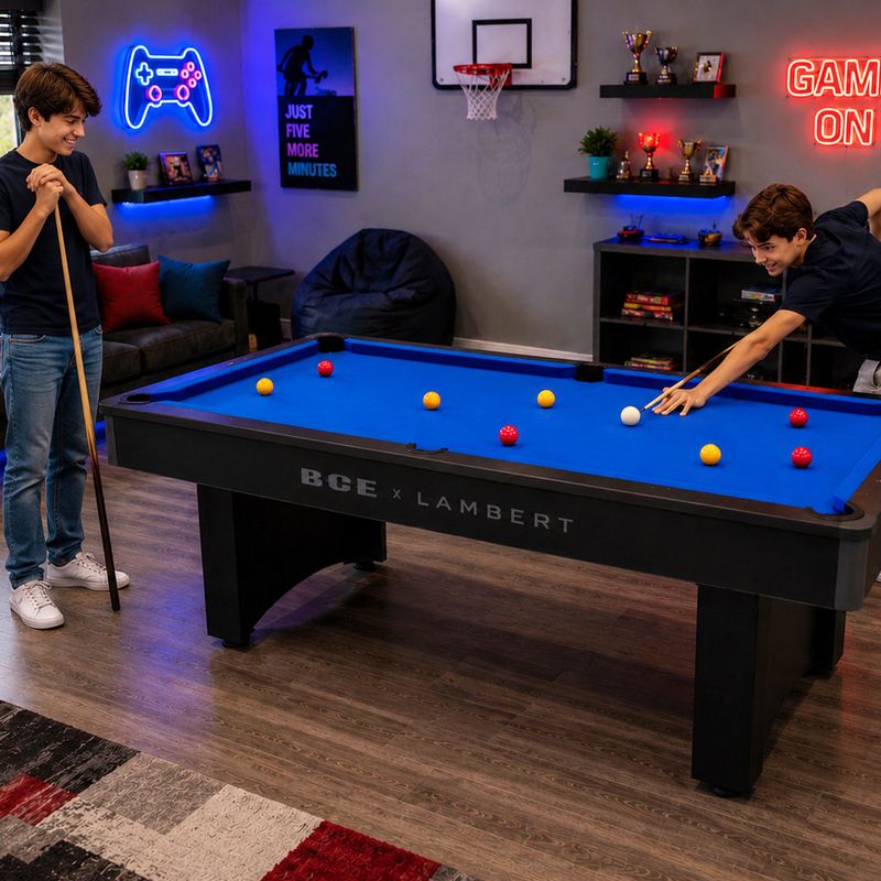 BCE x LAMBERT 6ft Snooker/Pool Table - Black/Grey with Blue Cloth - Fixed Leg