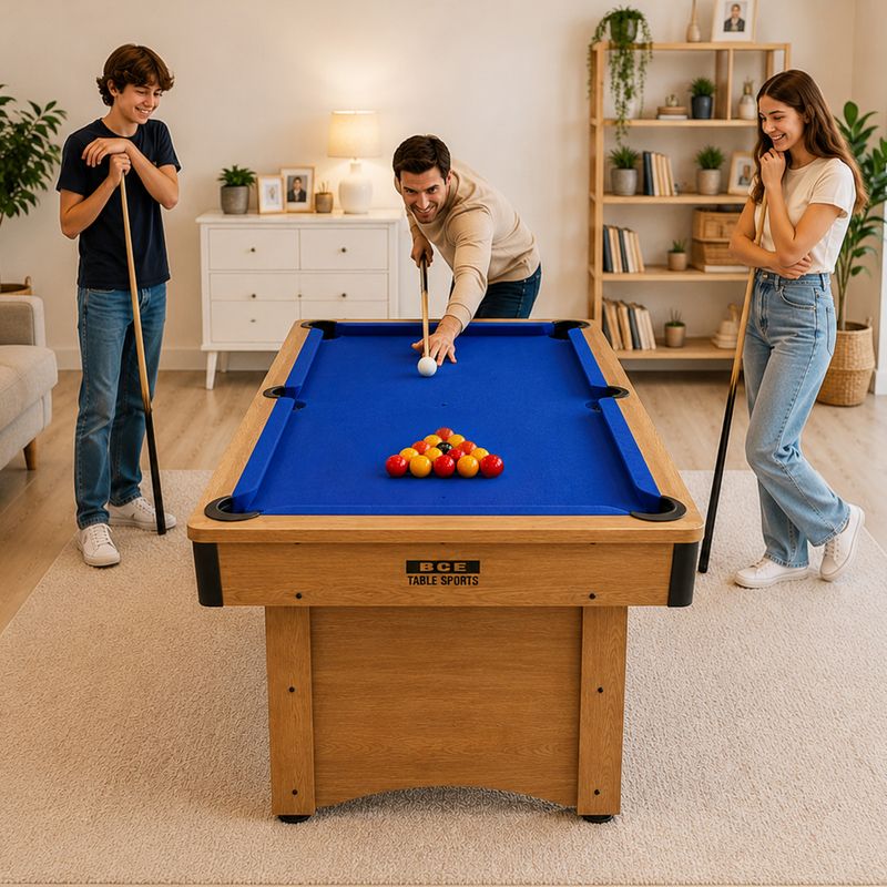 BCE 5ft Snooker/Pool Table - Oak Effect with Blue Cloth - Fixed Leg