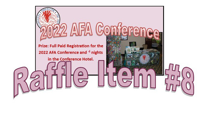Super 8 Raffle Ticket
Prize #8 2022 AFA Conference Registration and Hotel Super 8 Raffle Ticket
Prize #8 2022 AFA Conference Registration and Hotel