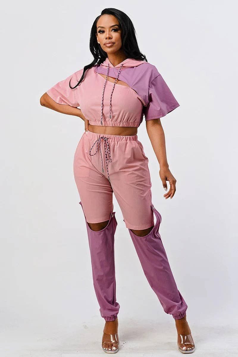 Pants Set In Color Block With Hoodie And Detachable Bottom: L