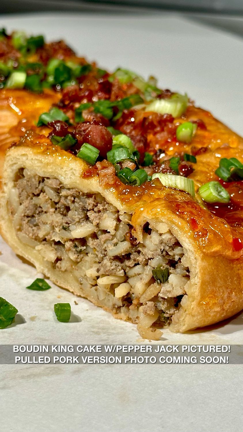 PULLED PORK BOUDIN &amp; SMOKED PEPPER-JACK KING CAKE (PICKUP ONLY)