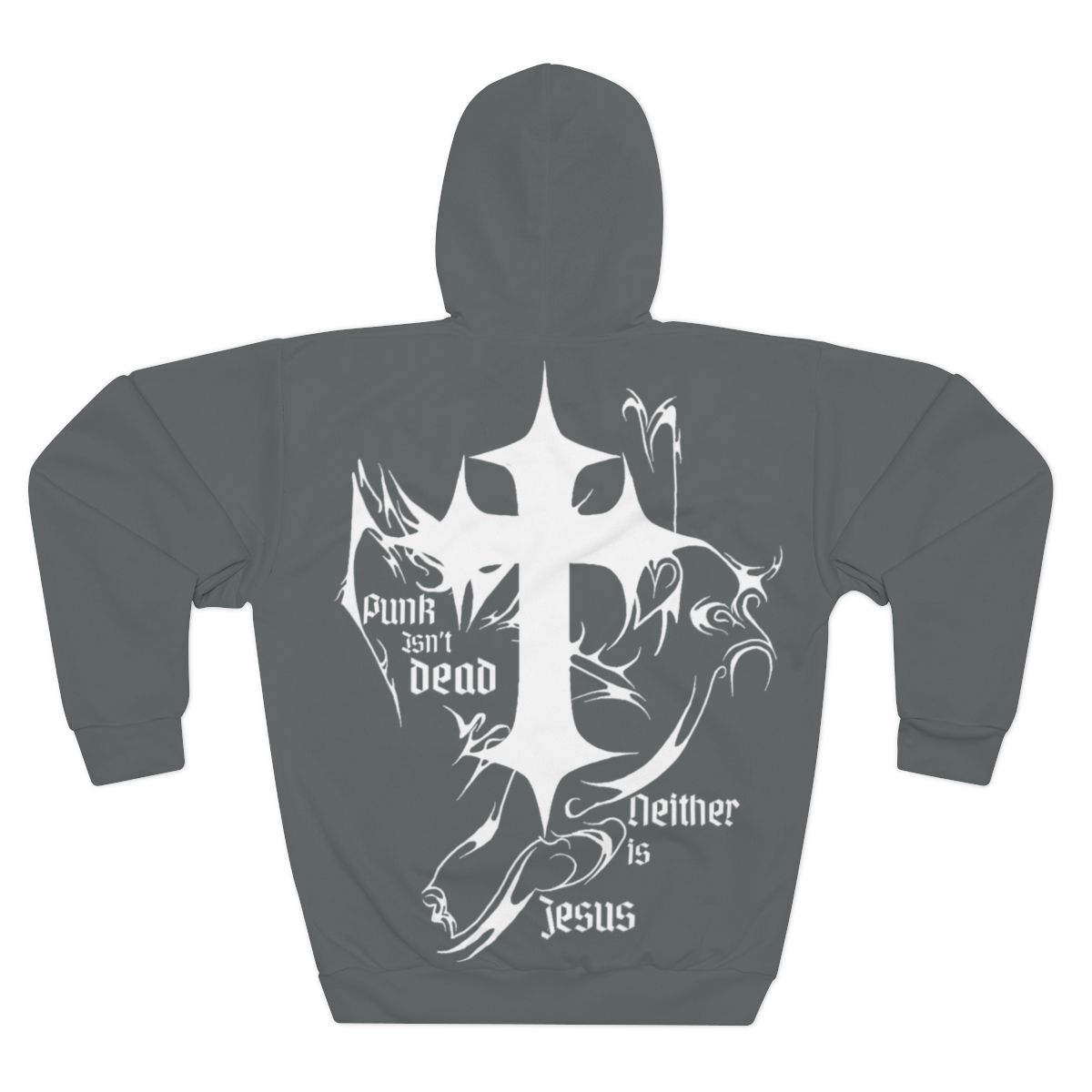 Jesus Is Punk Hoodie | Distressed Ransom Note Text, Gothic Cross Back, Faith in Your Face