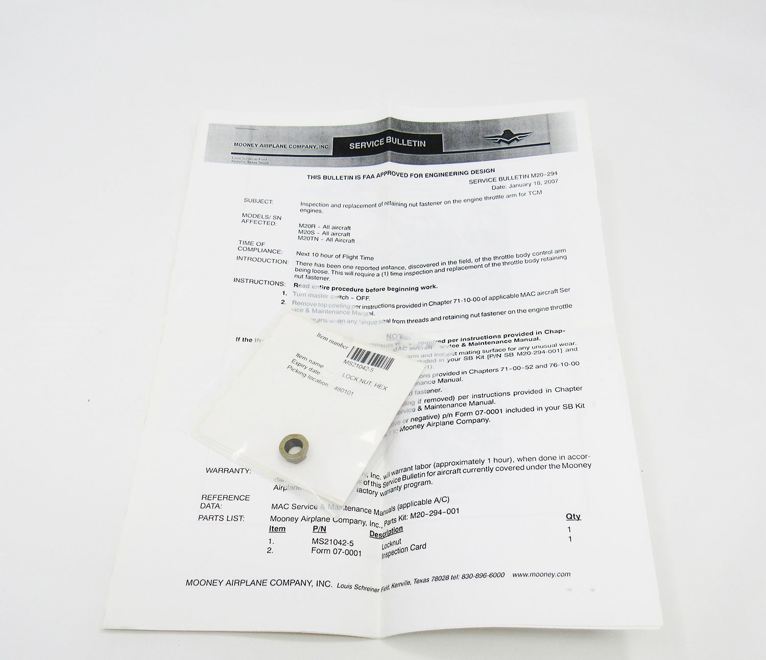 SERVICE BULLETIN KIT TCM NUT FASTENER - M20-294-001