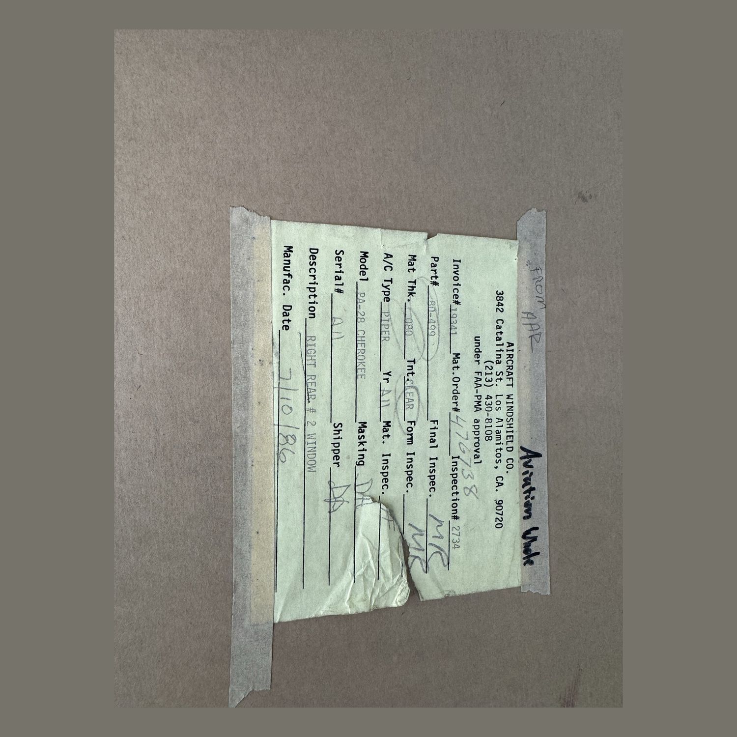 PIPER - PA-28 RIGHT REAR WINDOW - 80-499
