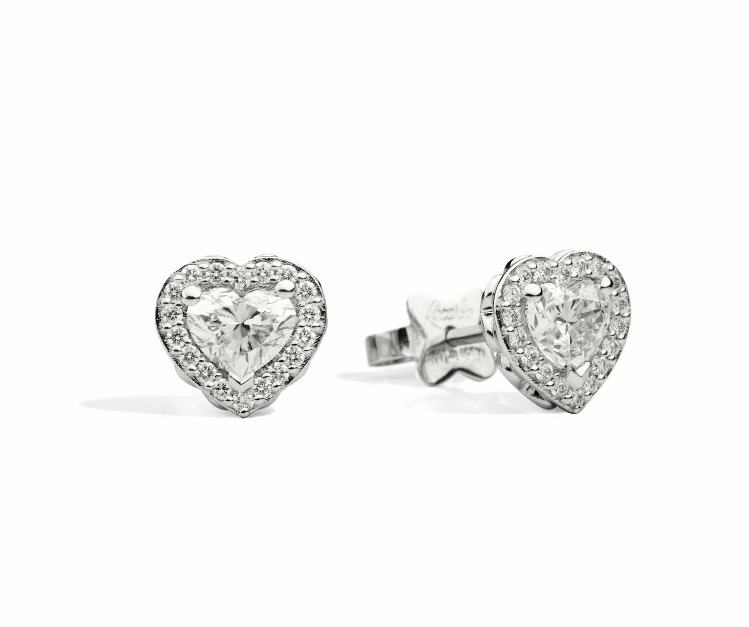 ANNIVERSARY LOVE Orecchini punto luce con contorno, oro bianco 18 kt e  diamanti taglio cuore 0,46