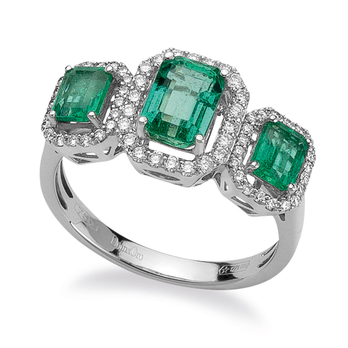 Anello trilogy con smeraldi e diamanti
