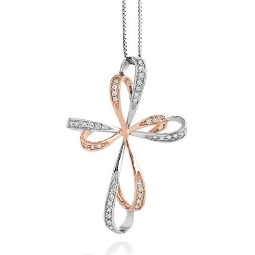 Pendente a Croce oro bianco e rosa con diamanti